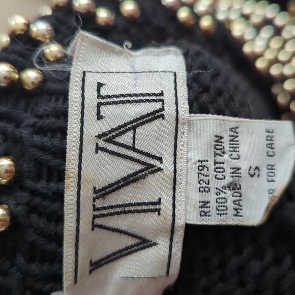 Vtg 80s black knit gold beads "Dynasty" style cotton tunic cowl sweater sz S - Picture 9 of 16